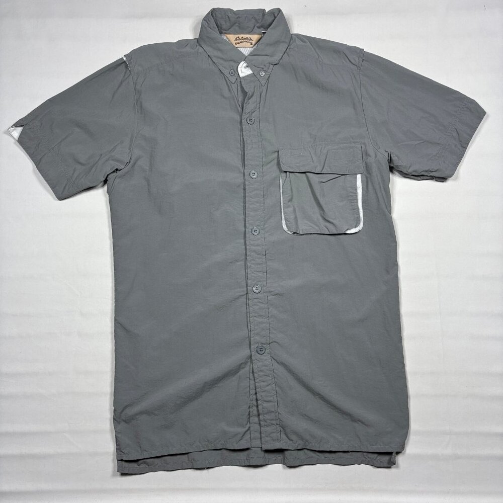 VTG Cabelas Mens M Gray Nylon Vented Short Sleeve Button Down Fishing Shirt
